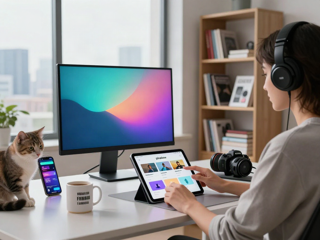 User enjoying the pikashow app in a stylish home office, showcasing modern entertainment and connectivity.