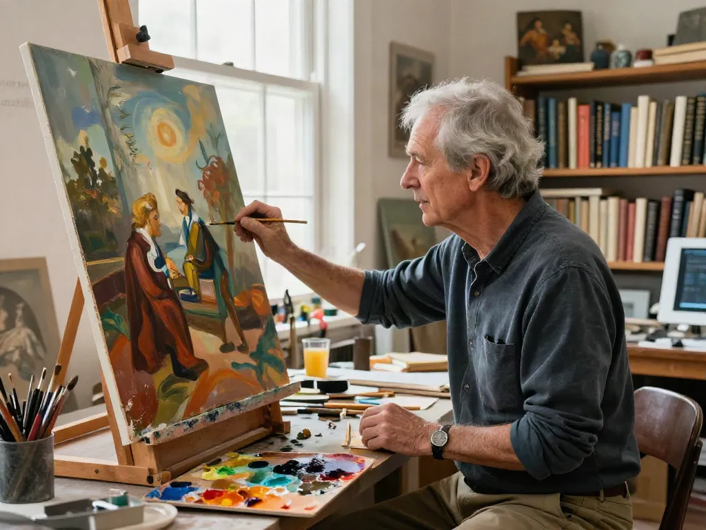 Bruce Bailey Toronto painting in his creative studio filled with art supplies and inspiration.