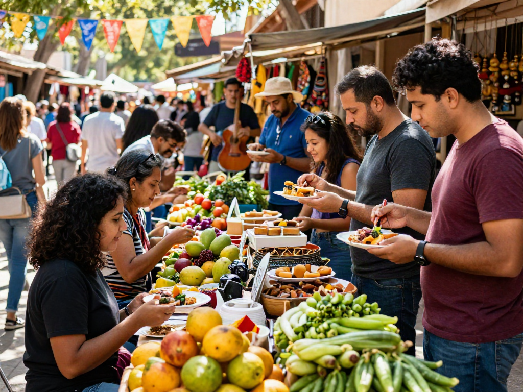 Experience slot qris at a vibrant outdoor market with tourists enjoying local cuisine and colorful stalls.
