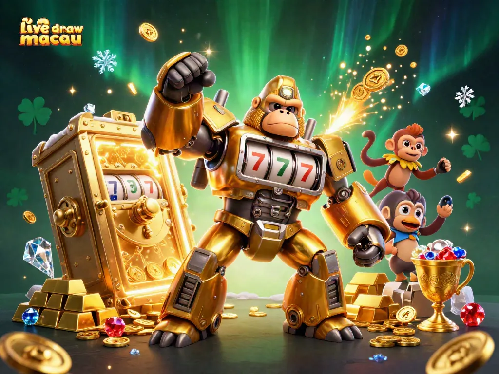 Permainan live draw macau diilustrasikan dengan karakter robot gorila emas dan elemen slot yang memukau.