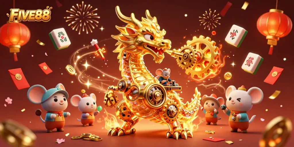 Experience thrilling gameplay at FIVE88 with a vibrant casino scene featuring a mythical dragon.