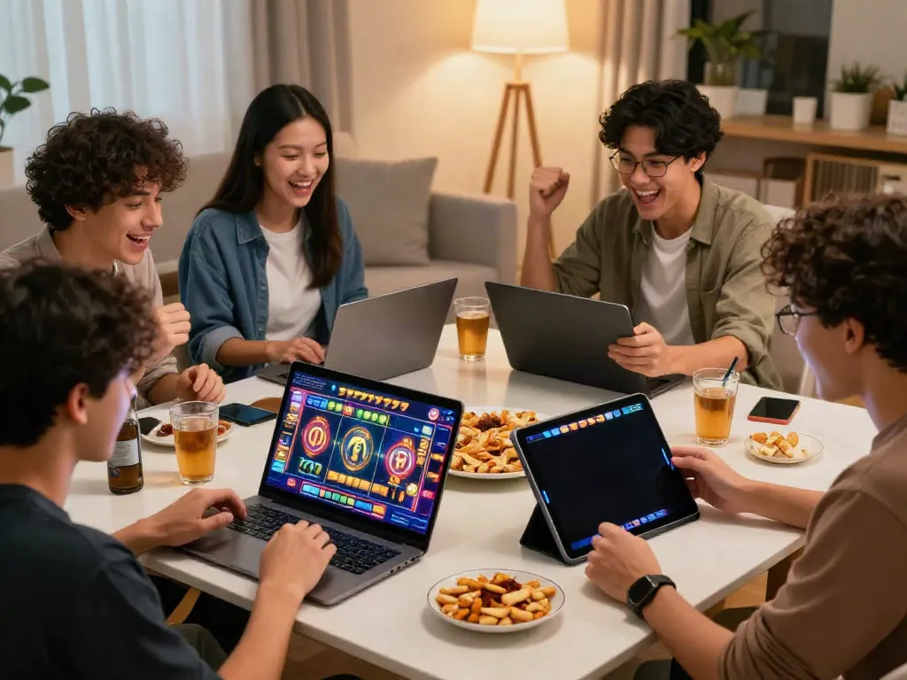 Engaged friends playing slot777 online games on various devices in a cozy living room.
