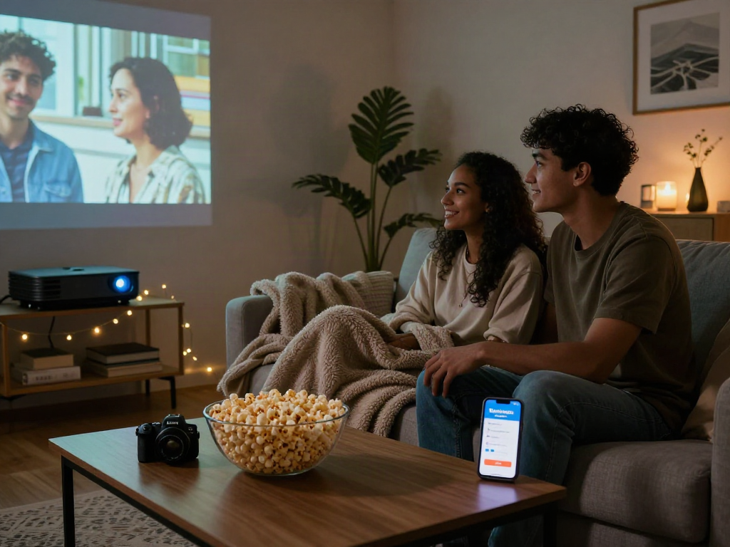 Enjoying a movie night while using the Moviebox app download on smartphone in a cozy living room.