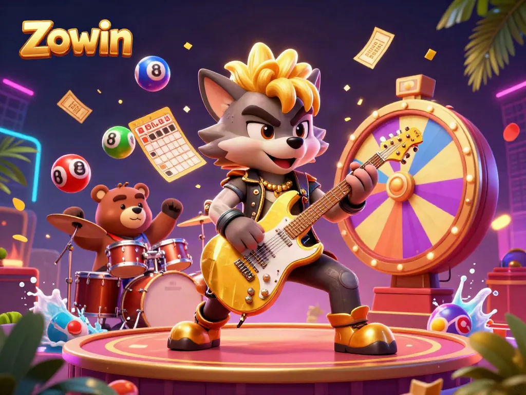 Zowin engages players with a vibrant casino experience featuring a rock star wolf and drummer bear.