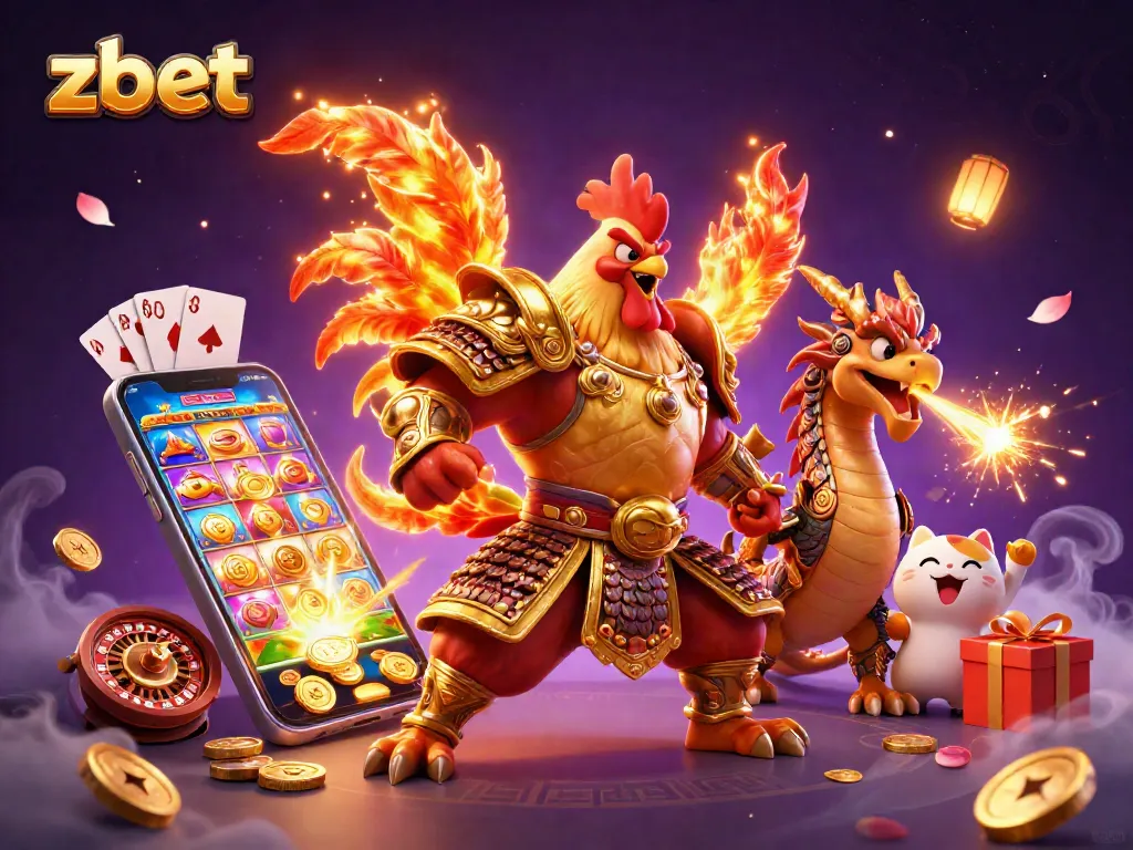 Spin vibrant slots and win big with zbet's dynamic gaming experience illustrated by whimsical dragon and rooster.