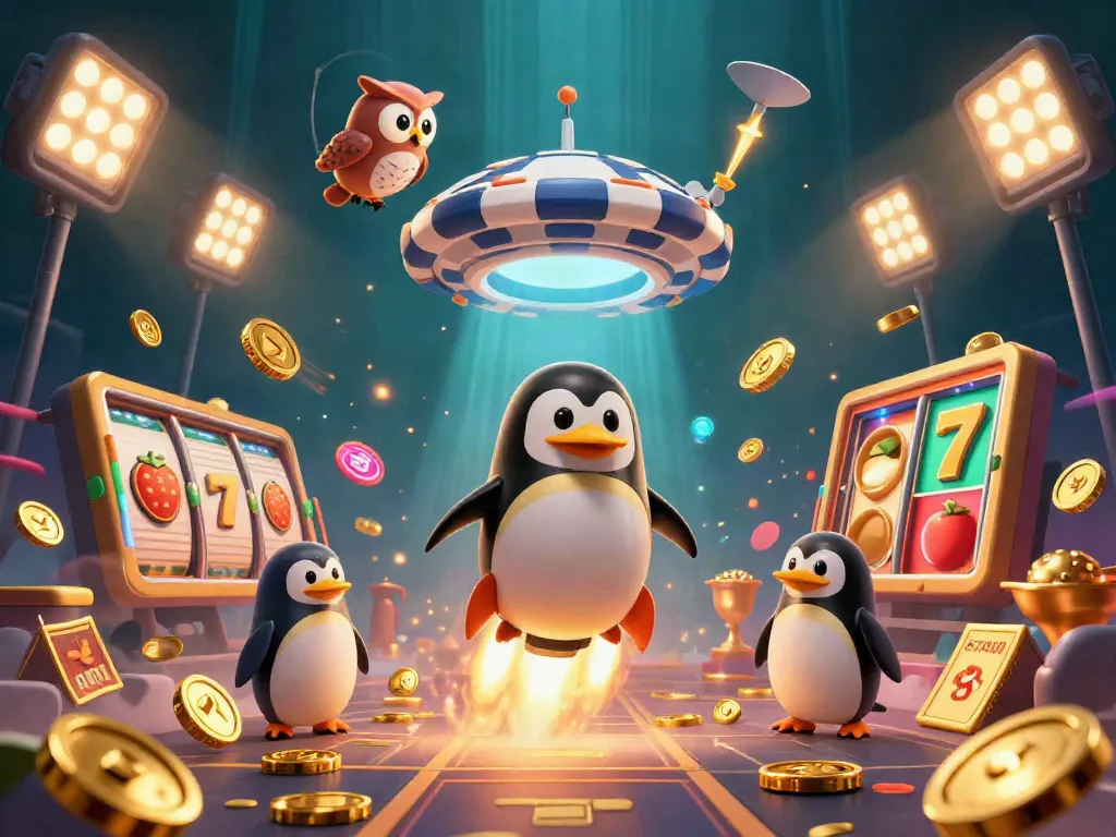 Engage in winning strategies with slot depo 5k as a golden penguin blasts through space.