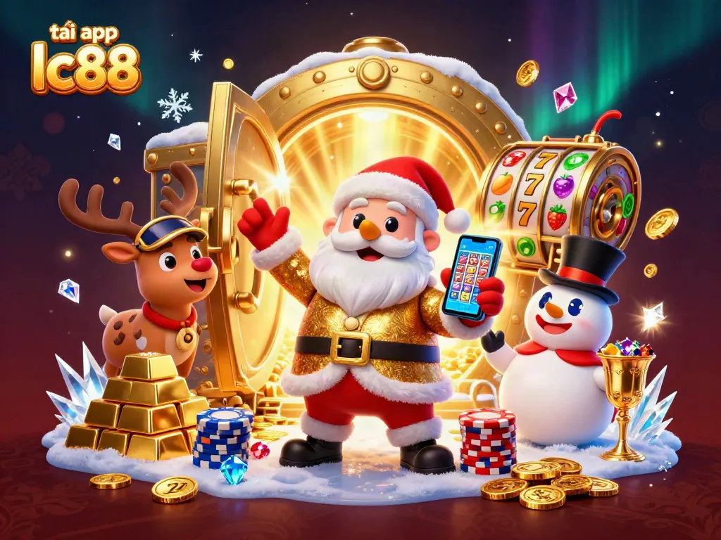 Play and win big with tải app lc88, featuring Santa, reindeer, and snowman in a vibrant casino scene.
