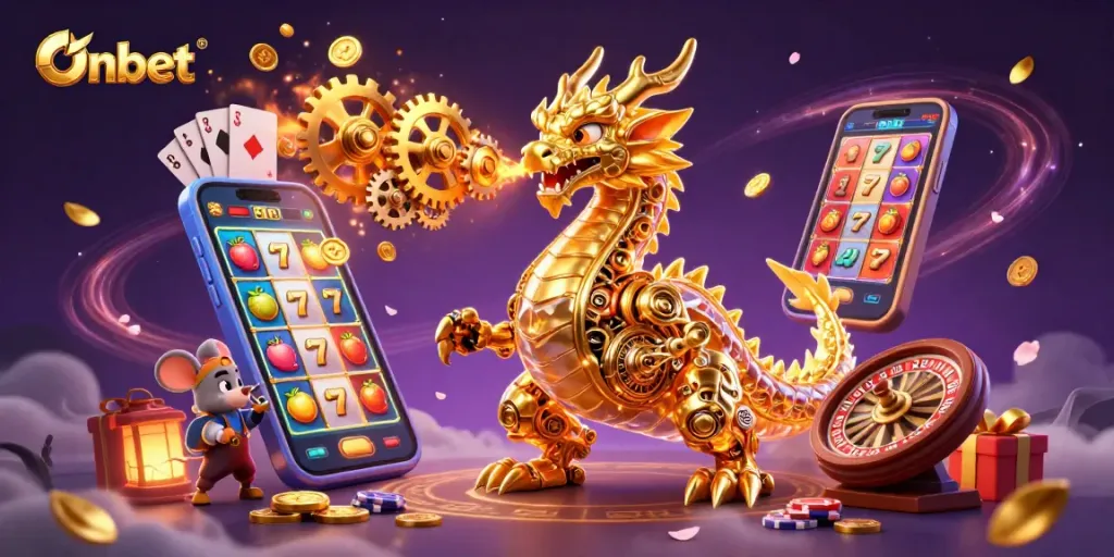 Engage with Onbet's vibrant gaming world through an ultra-detailed illustration, showcasing lively slot symbols.