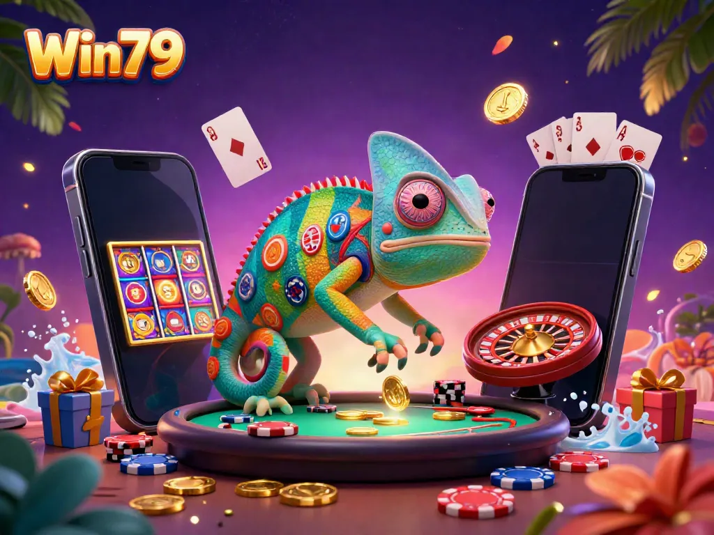 Win79 chameleon casino owner captures golden coins while showcasing vibrant slot games and roulette.