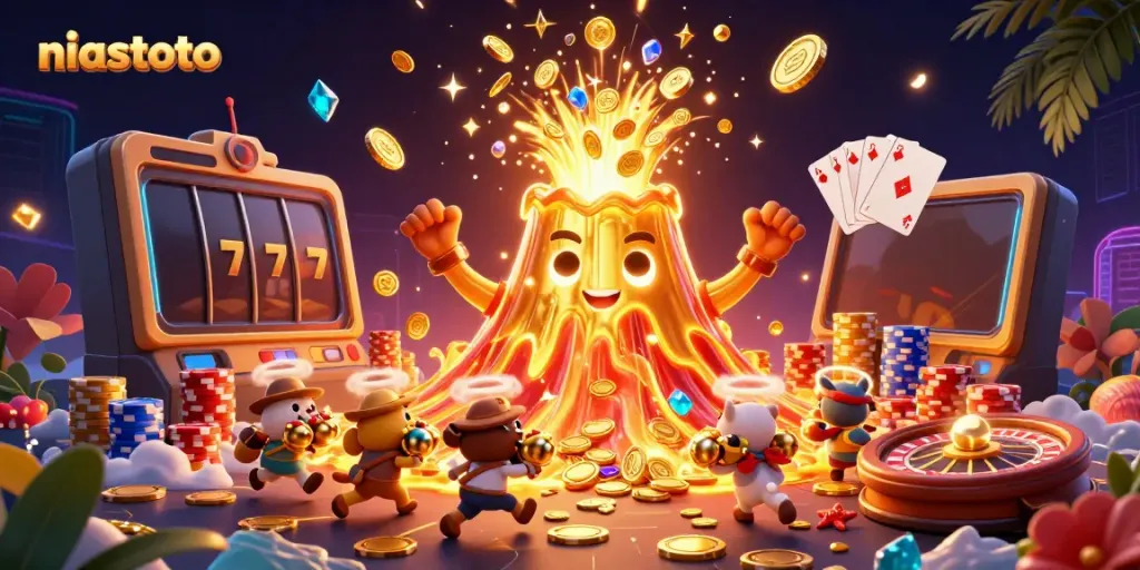 Experience the excitement of niastoto with a thrilling casino scene featuring a golden volcano and dynamic gaming elements.