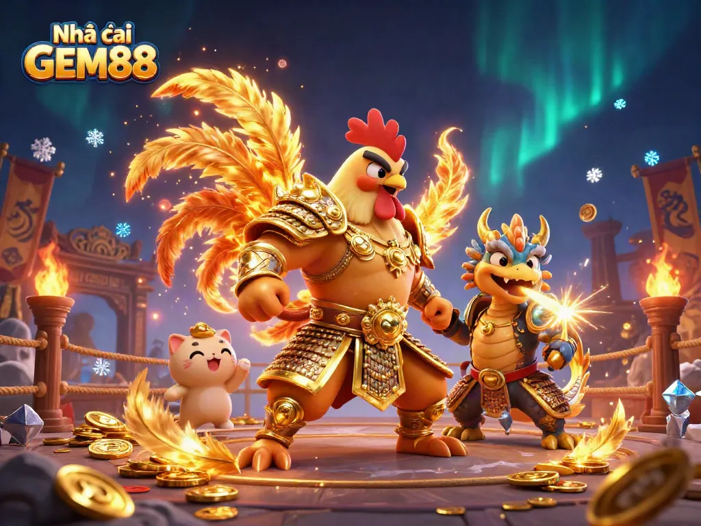 Engage with Nhà cái GEM88 in an exciting 3D battle scene featuring unique gaming elements and animated characters.