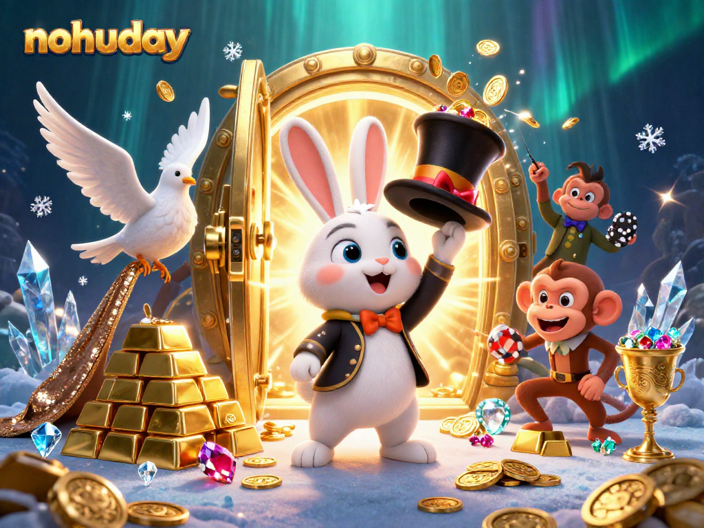 The magician rabbit at nohuday pulls golden coins from a top hat, surrounded by dynamic casino elements.
