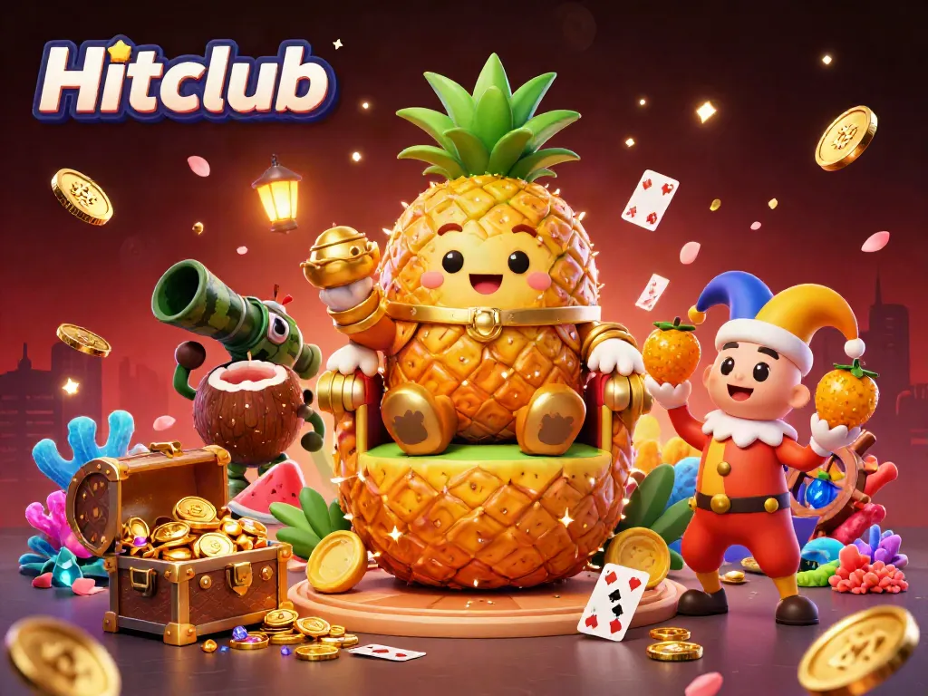 Engaging scene at Hitclub with a pineapple king and colorful casino elements.