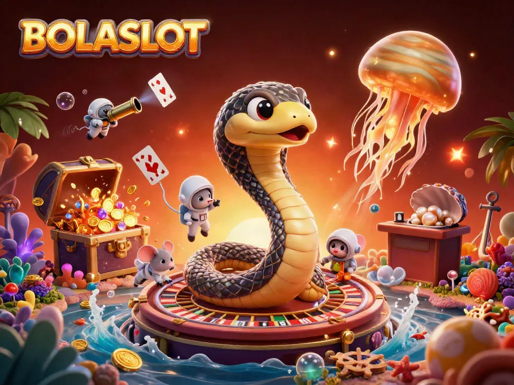 Bet on BOLASLOT with cosmic snakes, astronaut mice, and a golden jellyfish dealer in an explosive casino setting.
