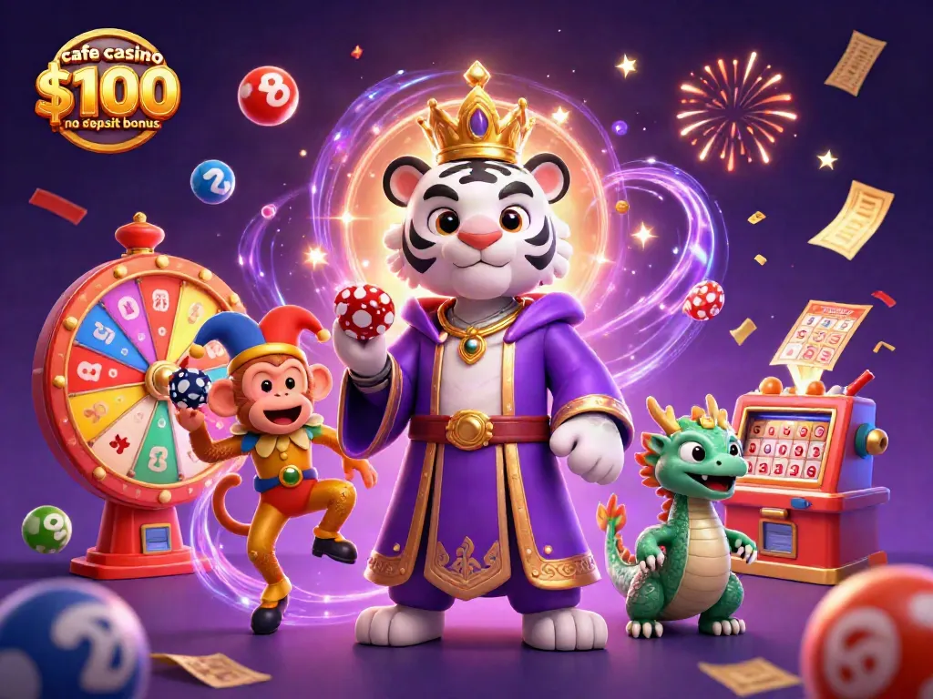 Play with cafe casino $100 no deposit bonus using vibrant cartoon characters and lively casino elements.