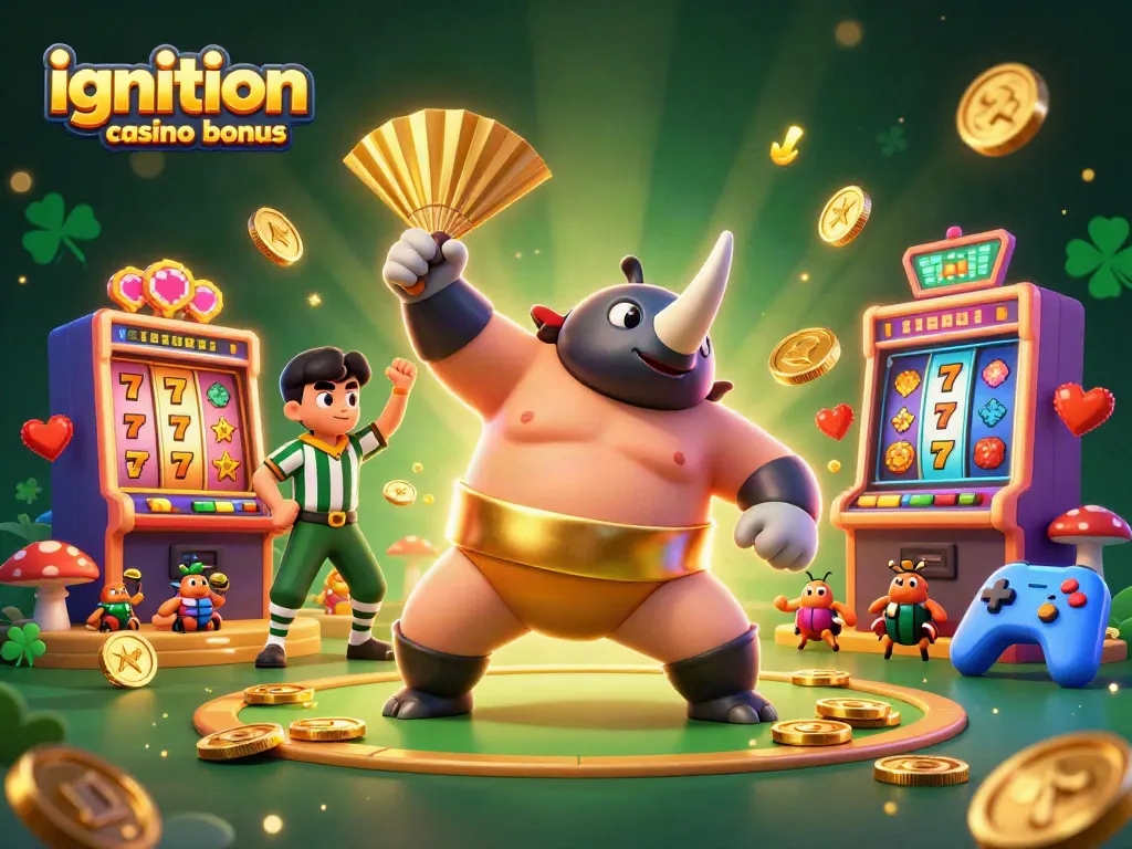 Experience the excitement of the ignition casino bonus with a sumo beetle champion surrounded by colorful slot machines.
