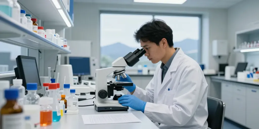 Researcher analyzing Tesamorelin in a lab, showcasing where to buy tesofensine confidently.