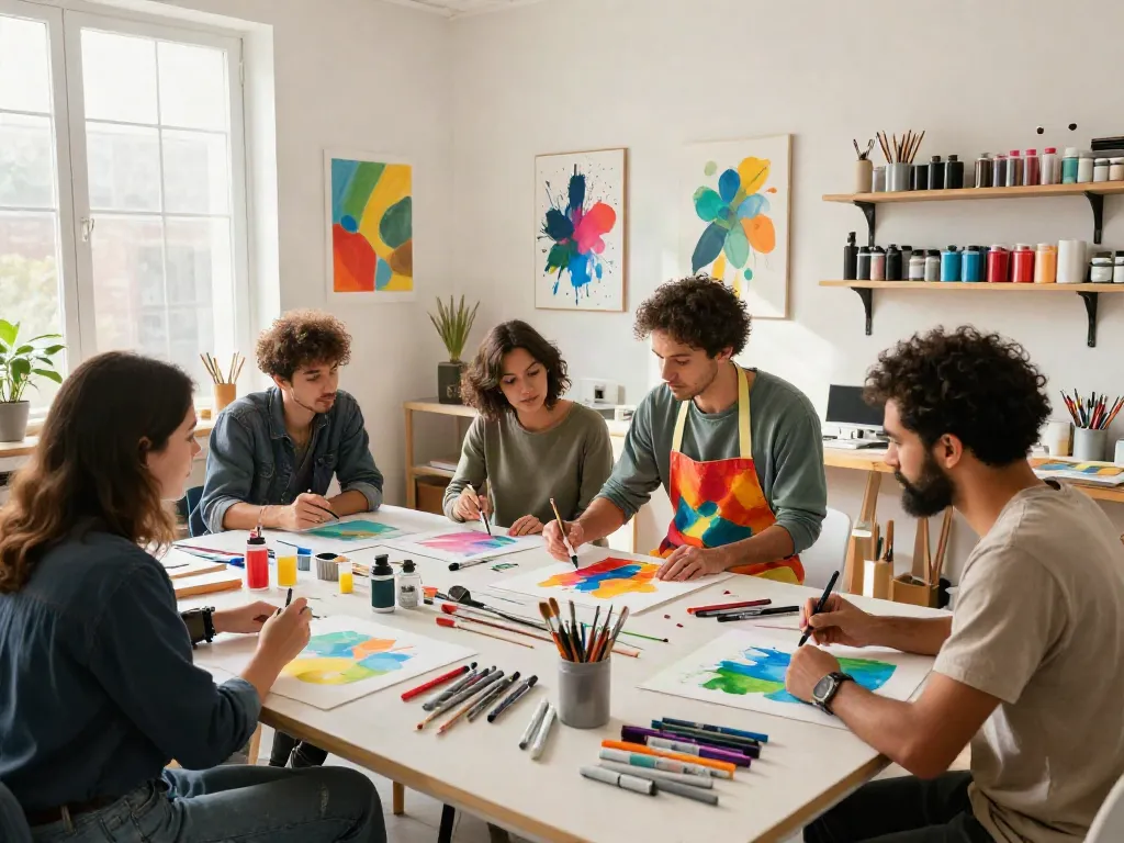 Markers wholesale showcased in a vibrant art studio with diverse artists creating together.