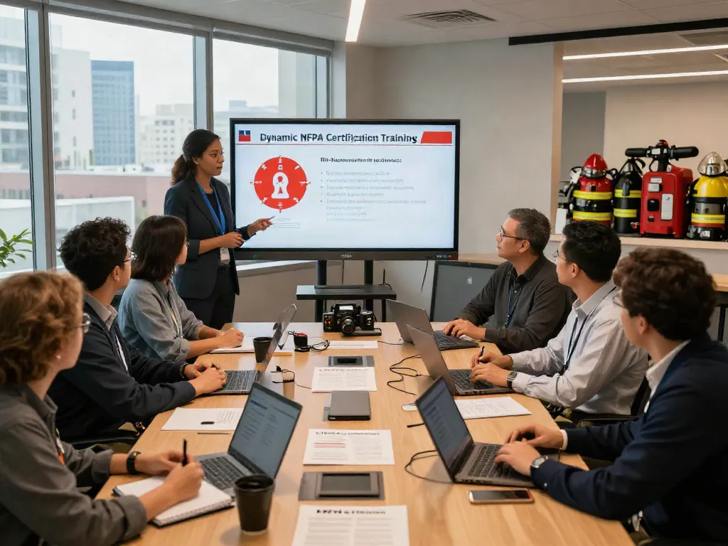 NFPA Certification Training session with diverse professionals learning fire safety protocols in a modern office.