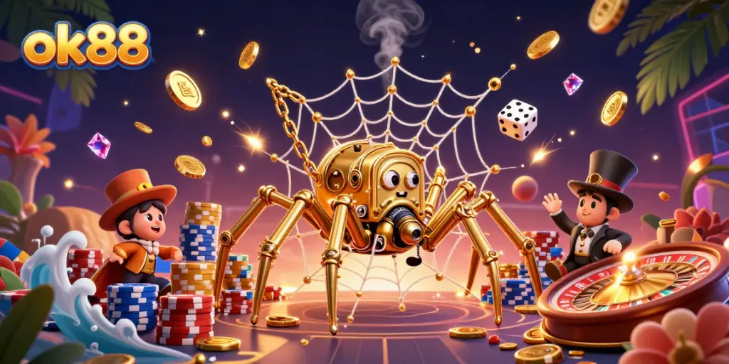 Experience the excitement at ok88 with golden spider and vibrant casino elements.