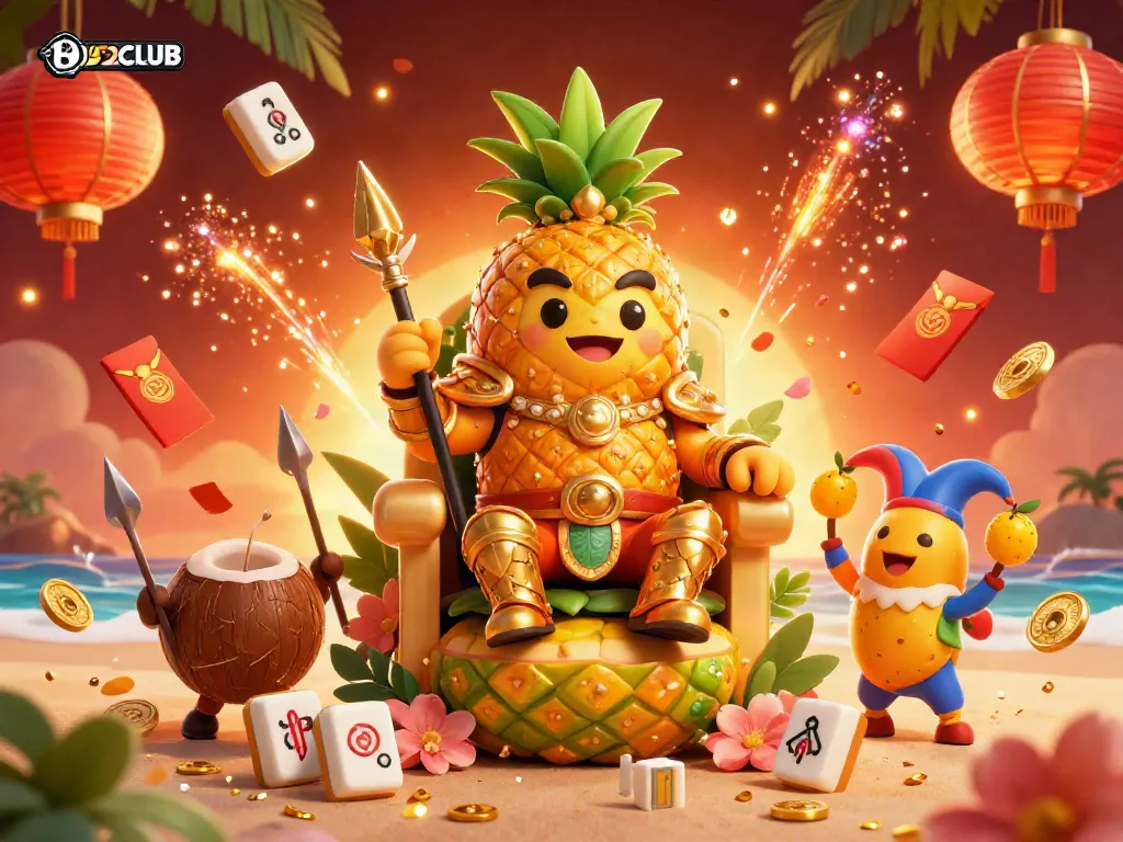 B52CLUB's vibrant beach casino illustrated with a pineapple king and golden elements to enhance the gaming excitement.