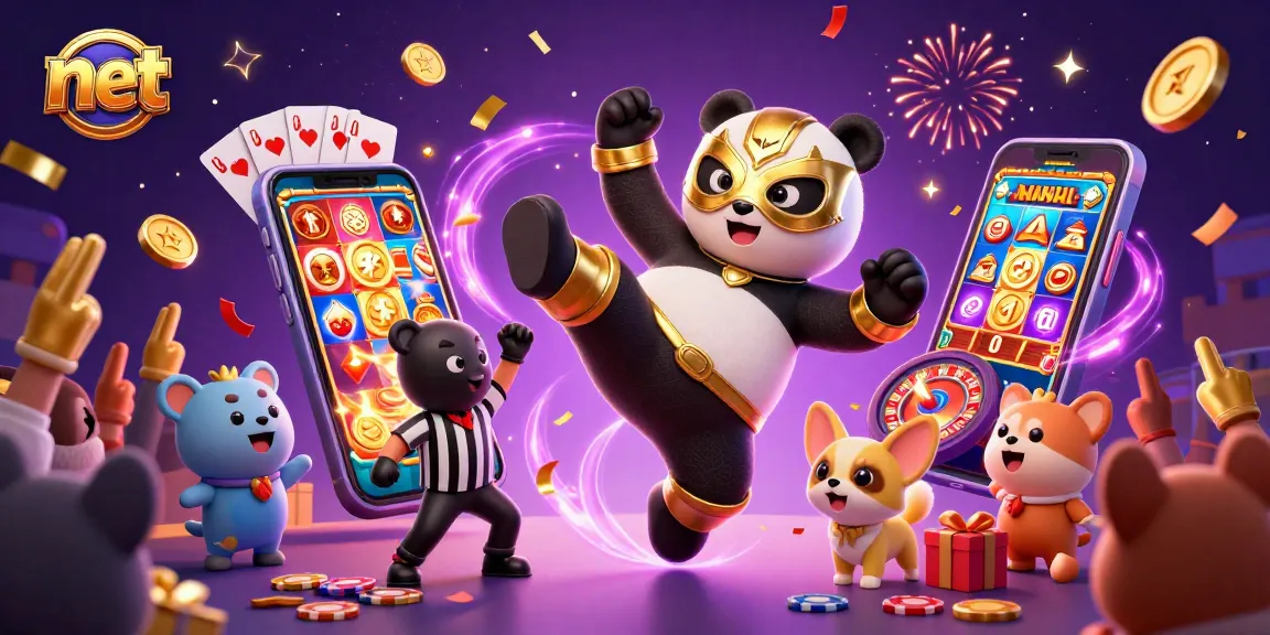Experience net gaming excitement with a panda wrestler, fun slot game elements, and animal fans