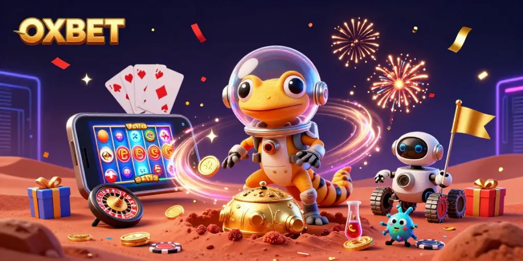 OXBET showcases a Martian gecko discovering a gold casino amid excitement.