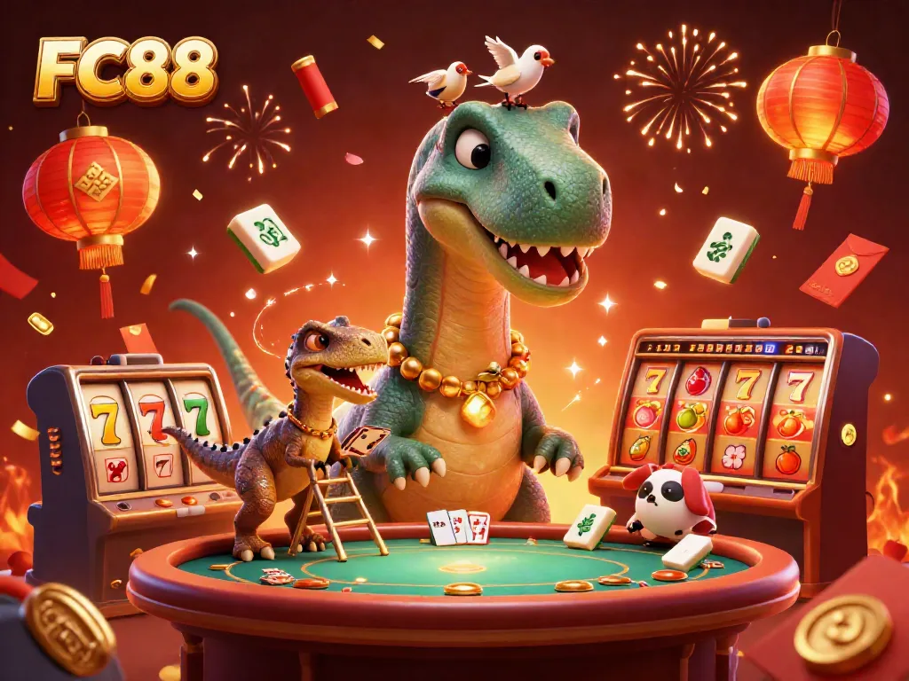 Join the excitement at FC88's virtual casino with a playful brontosaurus and raptor in a lively gaming scene.