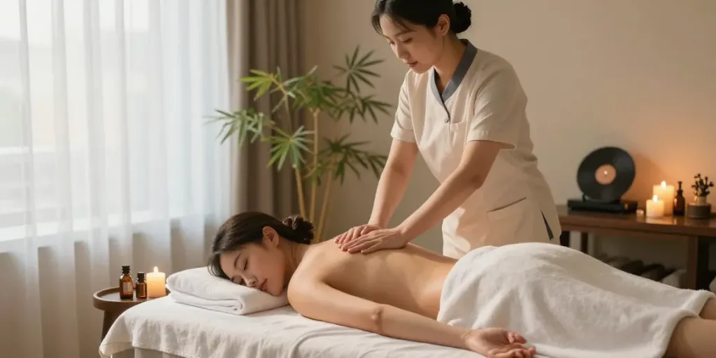 Client receiving 양주출장마사지 in a serene wellness spa with calming elements.
