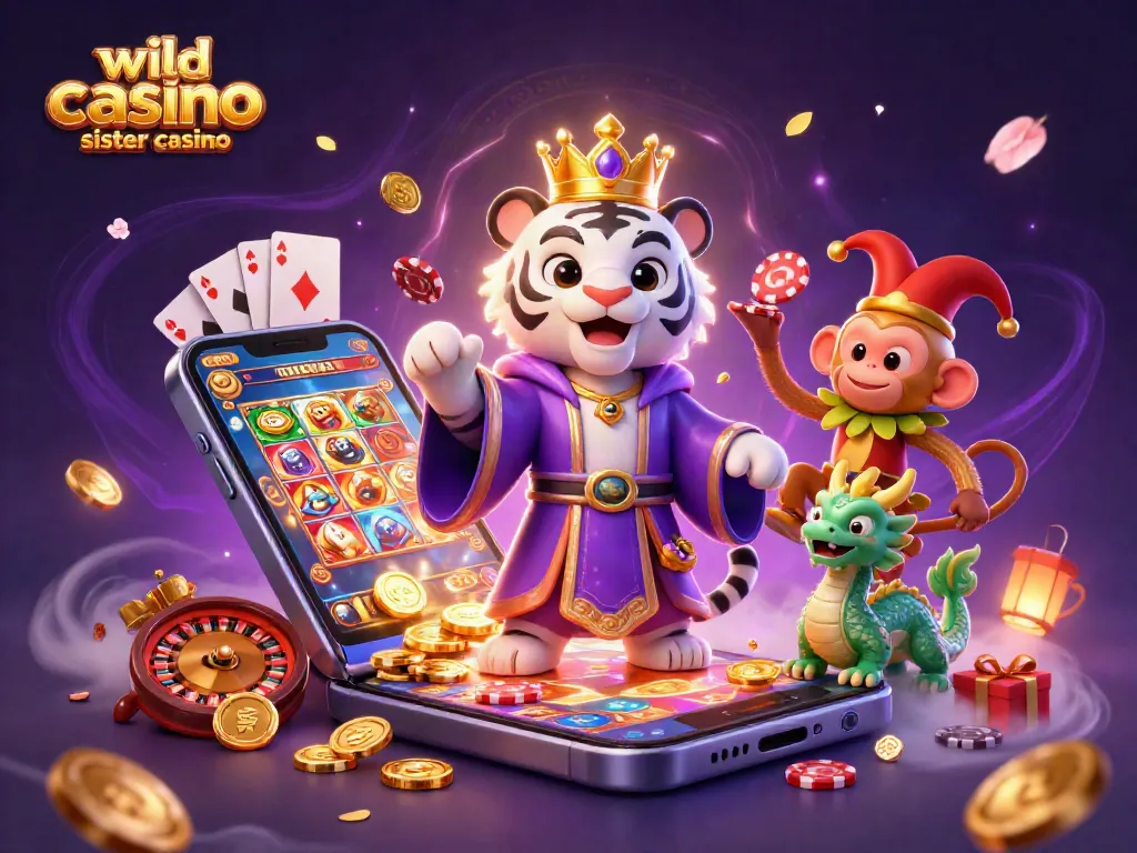Engaging 3D illustration featuring elements of wild casino sister casino with a cartoon tiger and monkey amid gaming excitement.