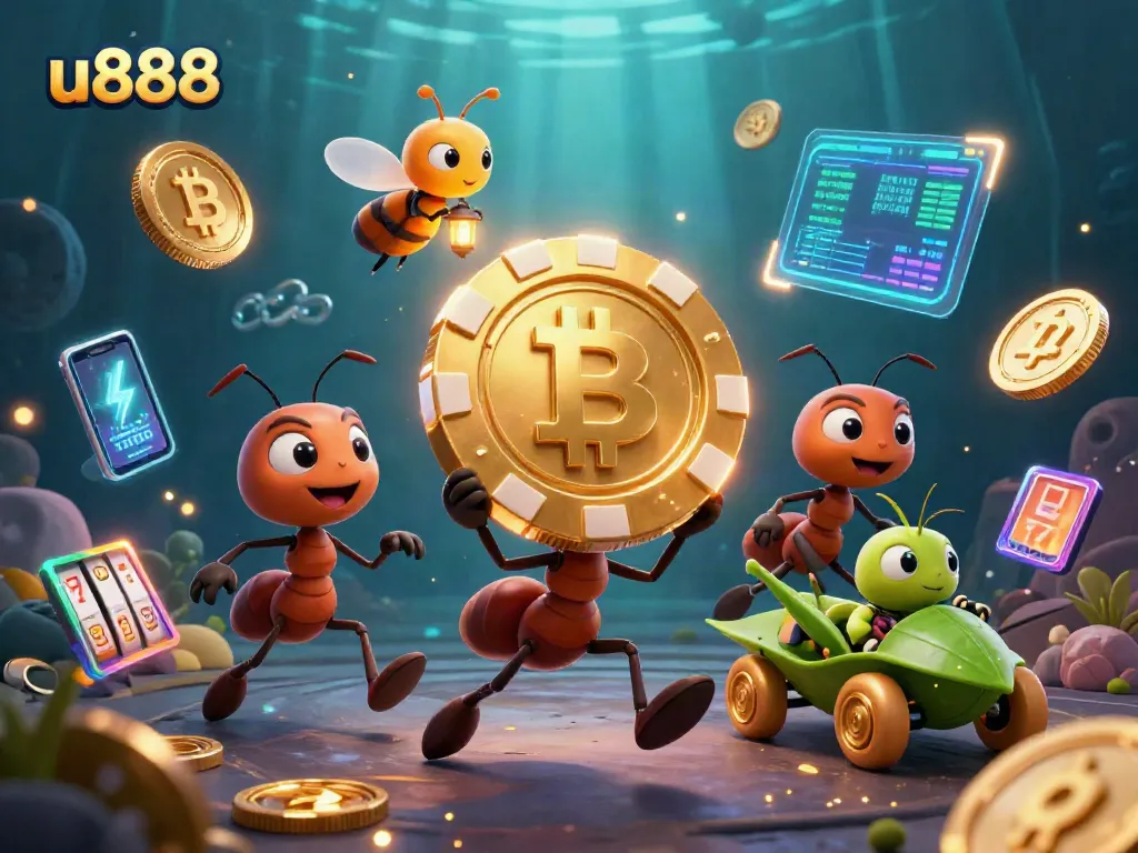 Join the u888 heist in a vibrant 3D casino world with golden poker chips and crypto coins.
