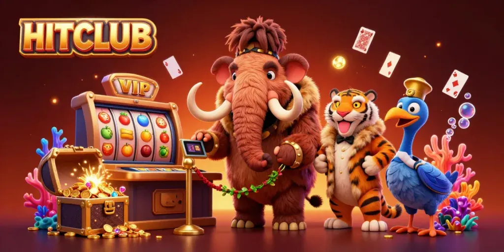 Experience the excitement of HITCLUB Casino with vibrant 3D characters and slot game elements.
