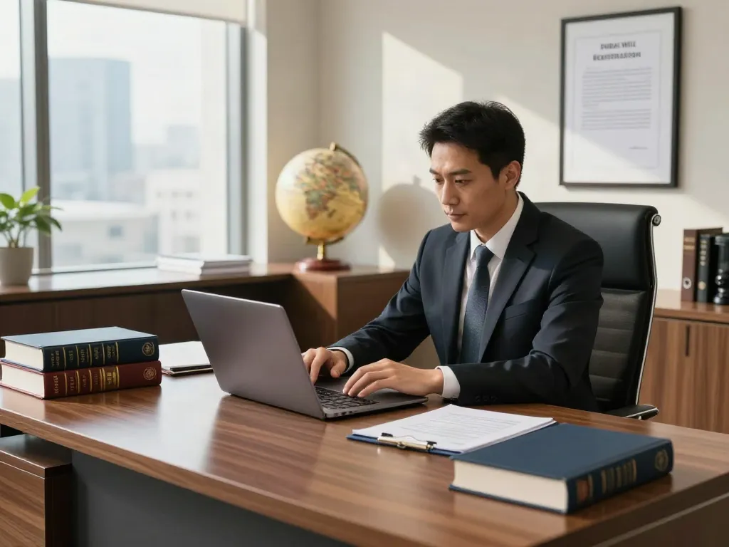 Professional lawyer working on Dubai Will Registration documents in a modern law office.