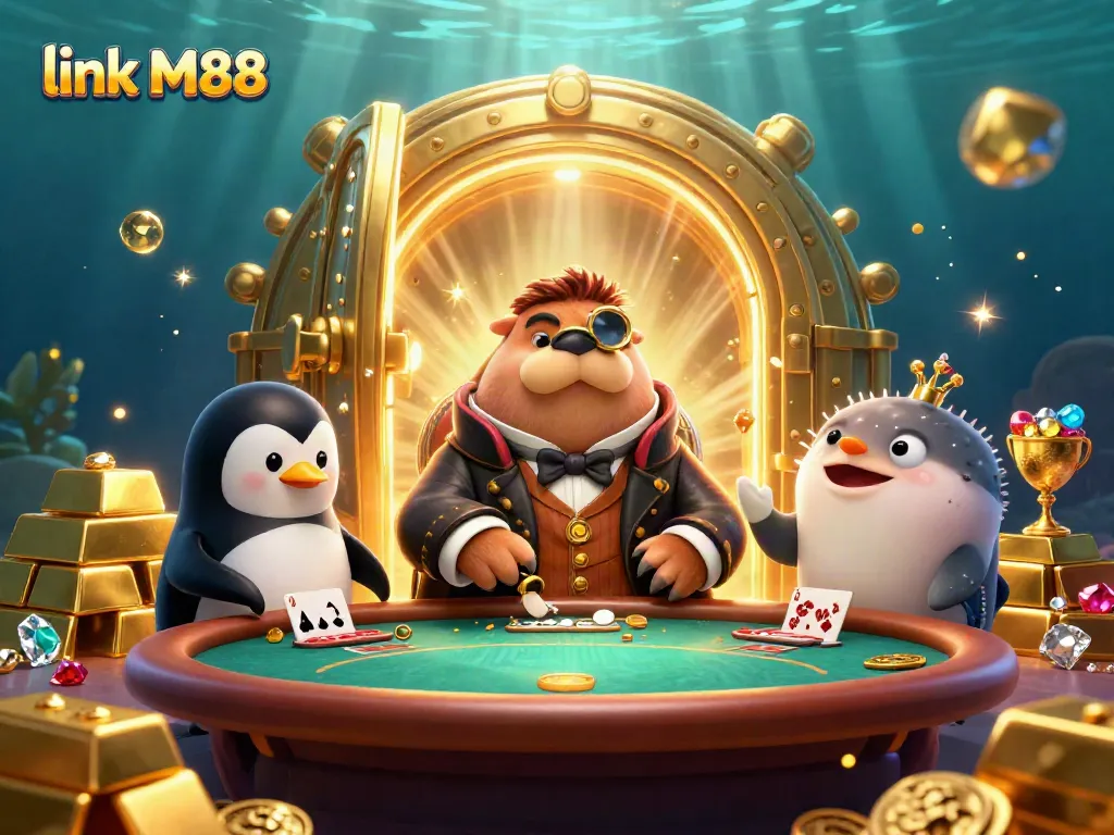 Join the underwater poker game with link M88, featuring a jolly walrus and dynamic characters.
