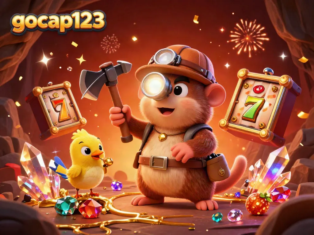 Menangkan jackpot di gocap123 dengan simbol buah dan slot, dikelilingi harta karun.