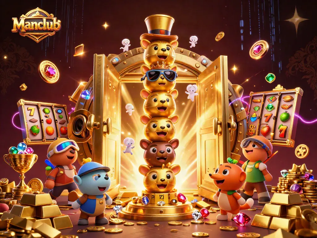 Engage in excitement with Manclub's vibrant casino scene showcasing 3D cartoon characters amidst gold treasures and slots.
