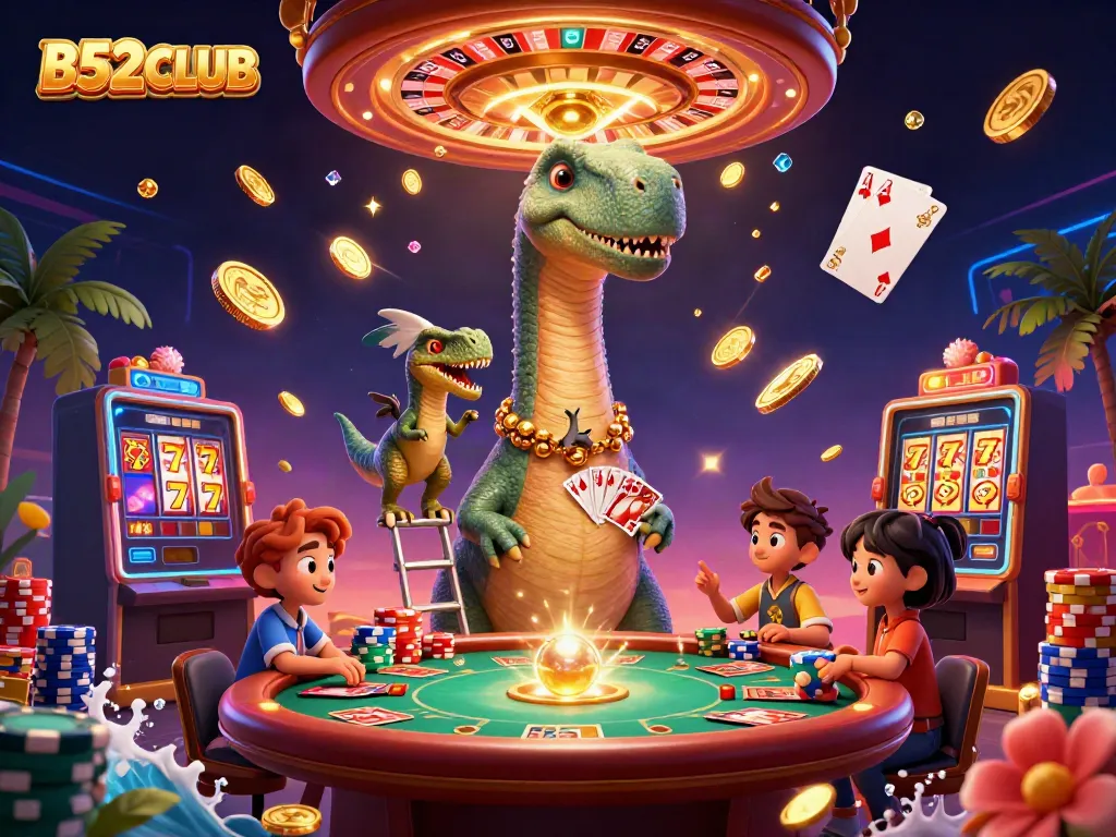 Engage with B52CLUB as a giant brontosaurus oversees thrilling gambling action at the casino.