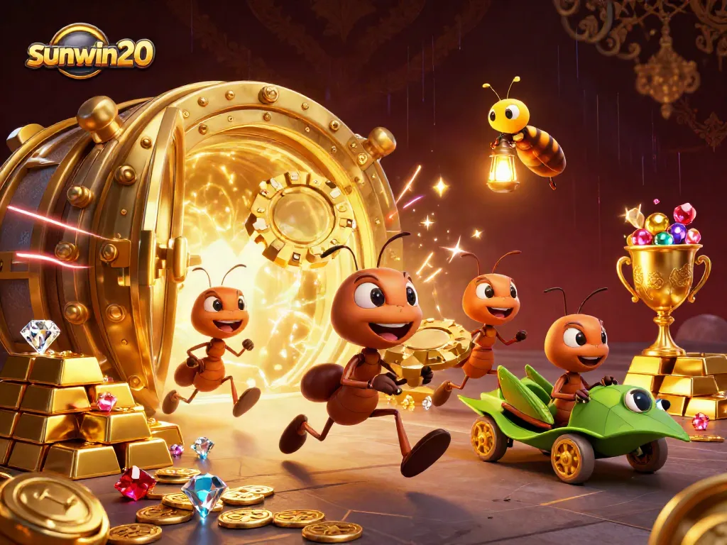 Experience thrilling gameplay at sunwin20 with ants heist carrying a giant poker chip surrounded by treasures.