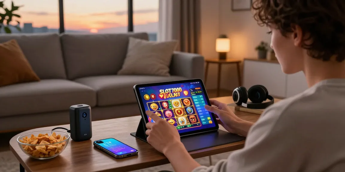 Experience the exciting SLOT7000 mobile app within a cozy gaming setup, emphasizing vibrant graphics and user engagement.