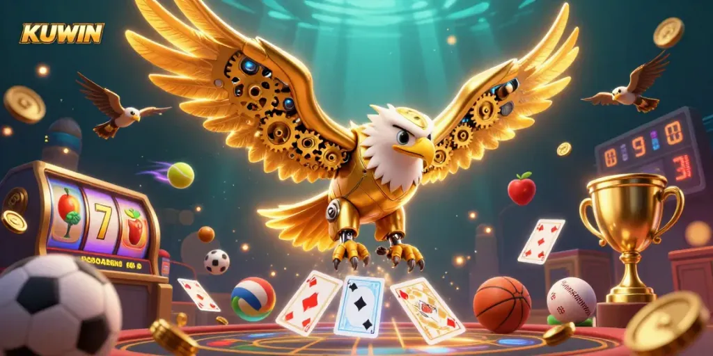 KUWIN showcases a thrilling scene with a cybernetic eagle diving through holographic cards amidst vibrant casino elements.