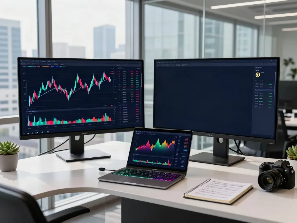 Crypto price API showcased in a professional trading setup with real-time Bitcoin and Ethereum charts, laptop, and smartphone displays, emphasizing secure and innovative trading environments.