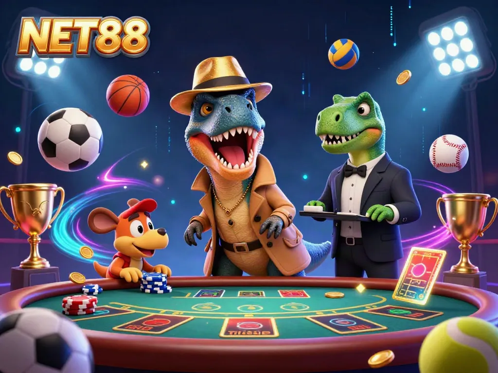 NET88 showcases a thrilling scene with a velociraptor card counter at a blackjack table, enhancing the excitement of online gaming.