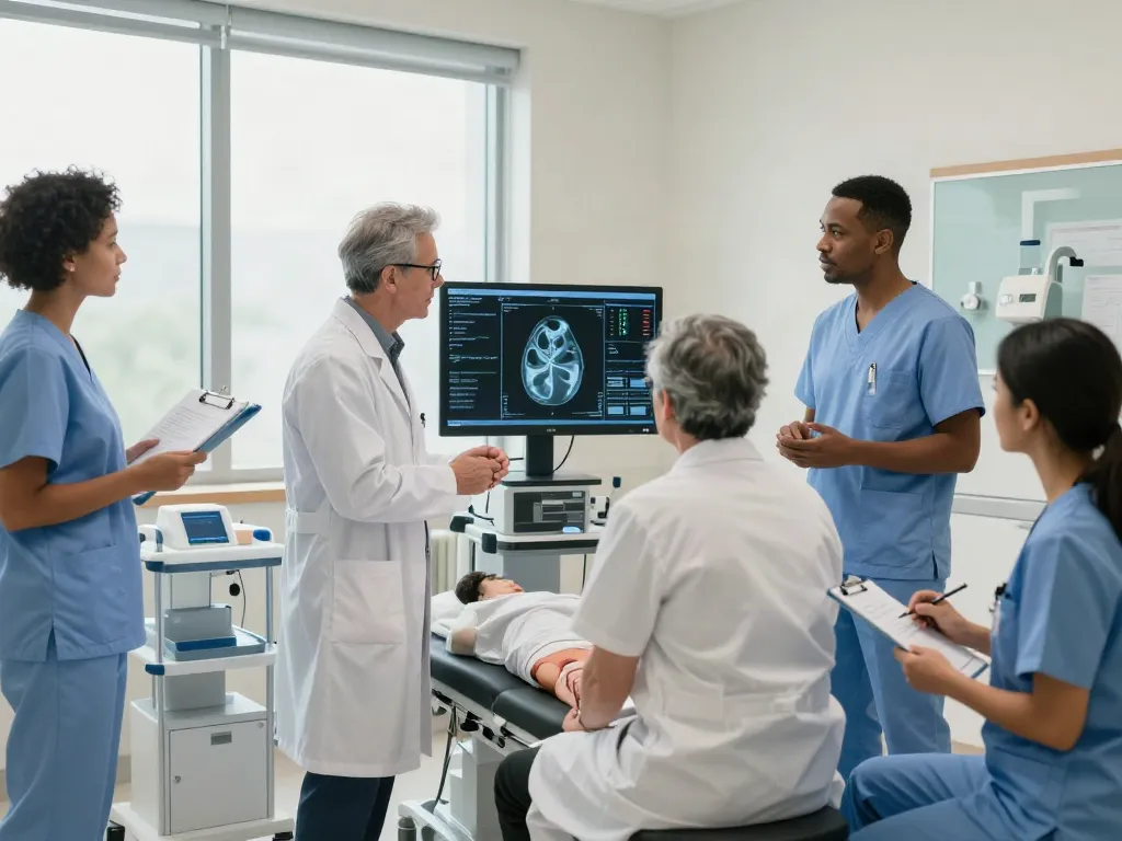 Collaborative esophageal cancer treatment team discussing patient care in a warm, inviting medical environment.
