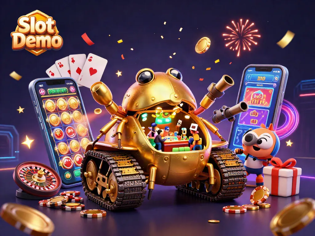 Experience the excitement of Slot Demo with spinning reels and coins from a mini casino.