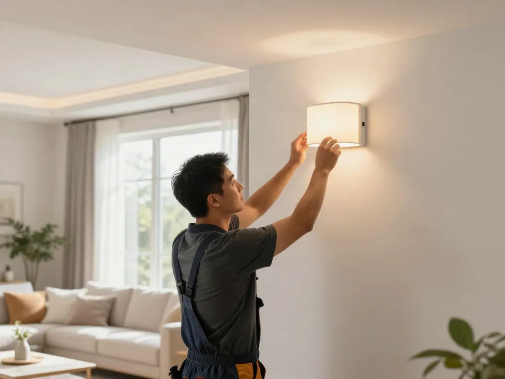 Aplica LED instalate de un contractor profesionist în sufrageria unui local, iluminate de soare.