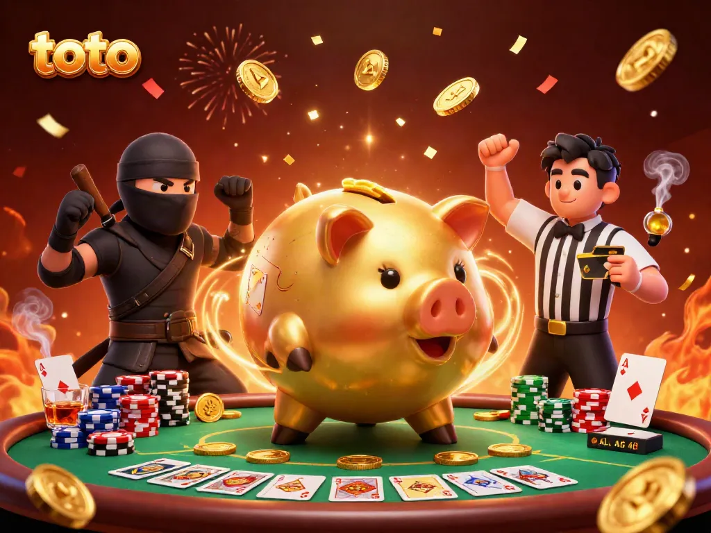 Experience the excitement of toto gaming with a dynamic scene featuring a sumo piggy bank and lively casino elements.