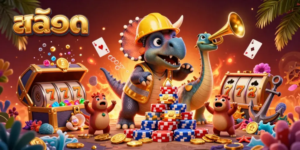 Experience thrilling สล็อต action with vibrant cartoon characters celebrating at a dynamic casino scene.