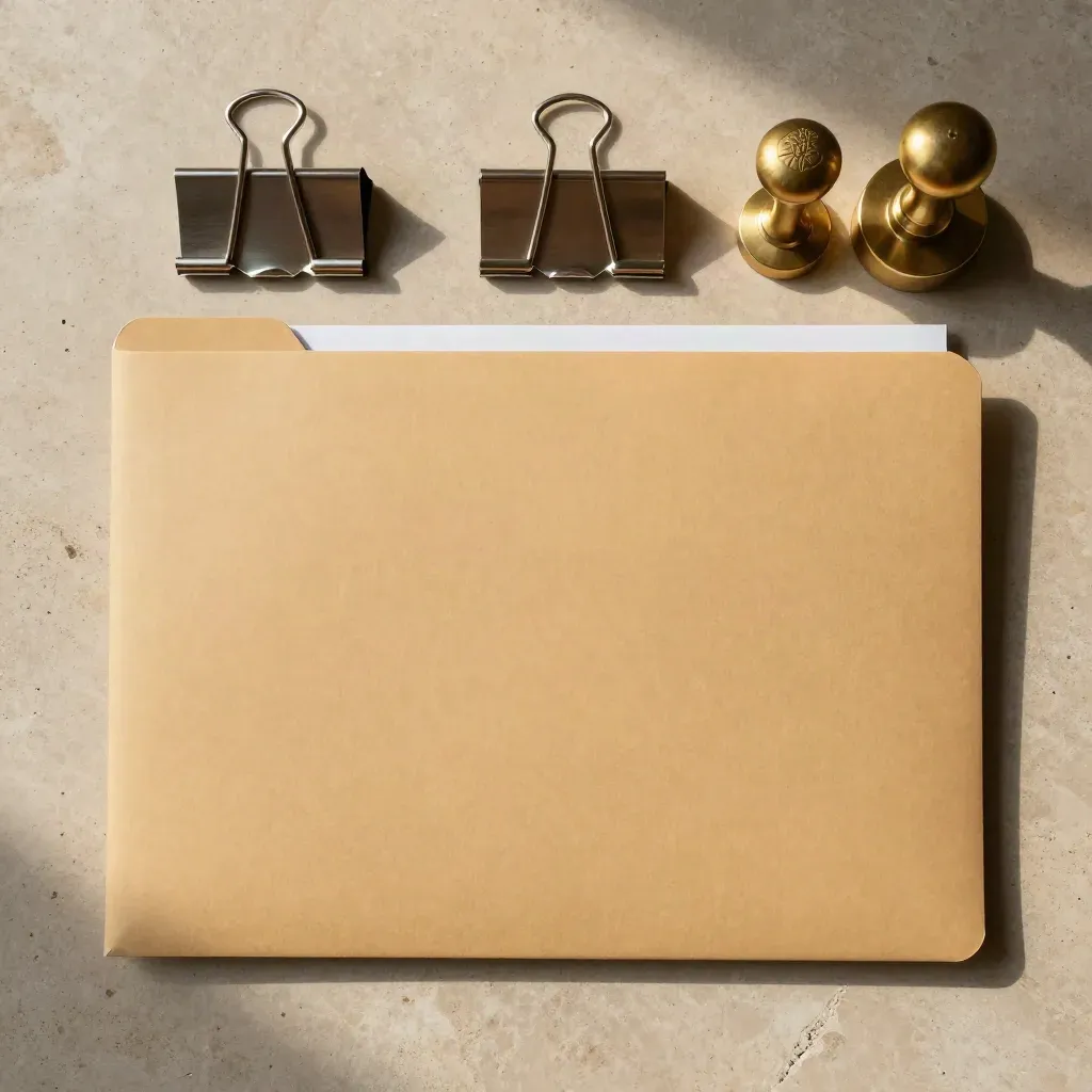 Top-down customs folder flatlay with seal press, clips, and brass paperweight on stone.