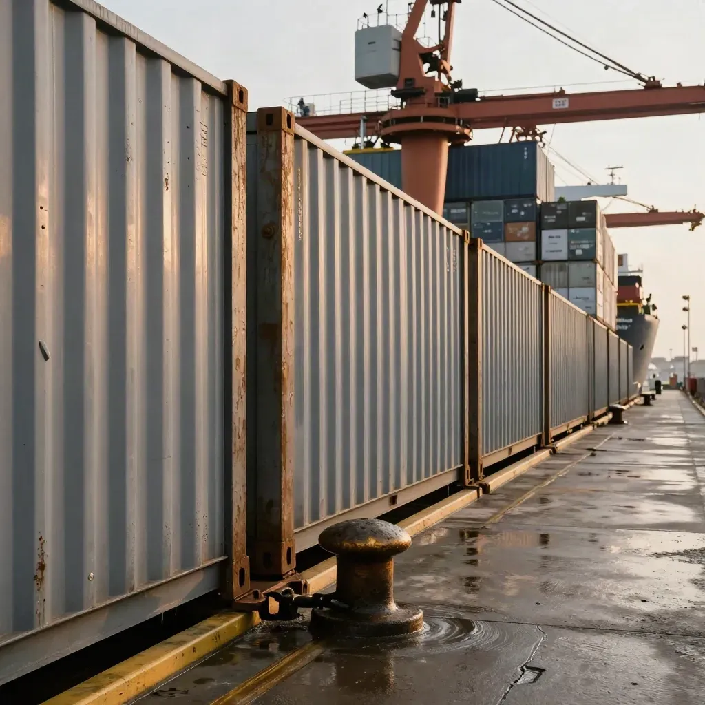 Rain-sheened quay with aligned containers, crane arm overhead and a mooring bollard in front.