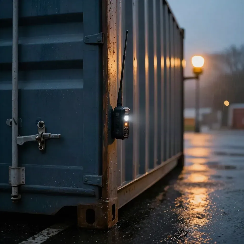 Black cargo tracker on a shipping container with blinking terminal lights at night